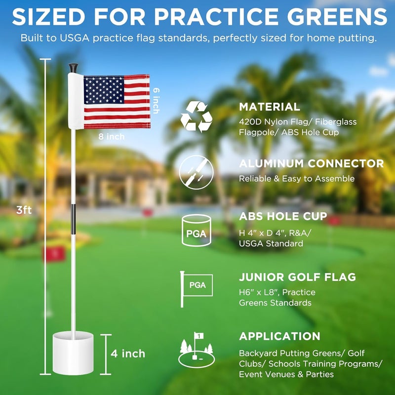 KINGTOP Golf Flagstick Mini, Practice Putting Green Flags for Yard, All 3 Feet, Golf Pin Flag Hole Cup Combo Kit, Fiberglass Portable 2-Section Design, Double-Side American Flag - Image 2