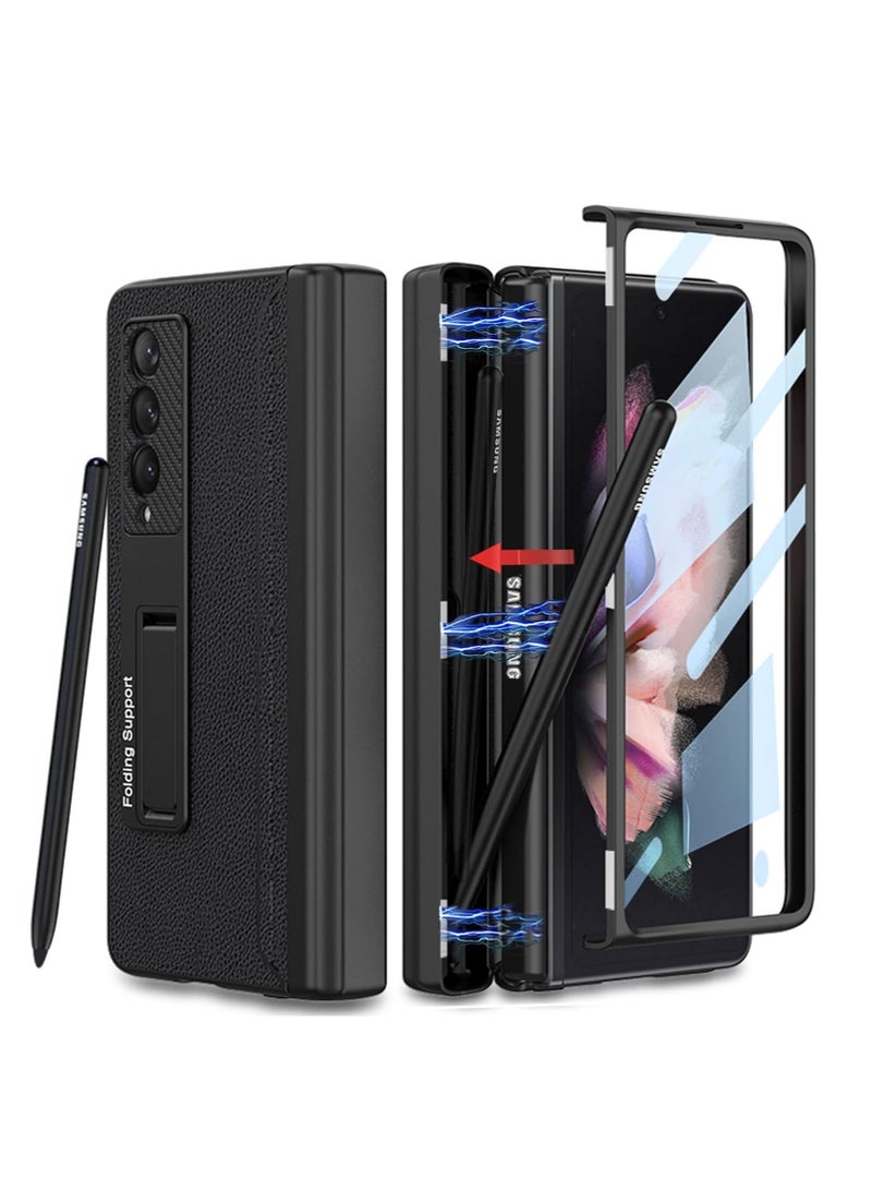 Case for Samsung Galaxy Z Fold 4 Case with Pen Holder,Hinged Built-in Pen Holder,with Screen Protector and Adjustable Bracket,Luxury Business Leather Cover Case for Galaxy Z Fold 4 (Black) - Image 1