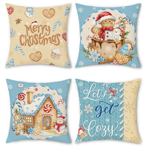 Bonhause Christmas Gingerbread Man Throw Pillow Covers 18x18 Inch Bakery House Hot Cocoa Snowman Blue Brown Decorative Linen Cushion Covers for Winter Holiday Couch Sofa Decor Set of 4 - Image 1
