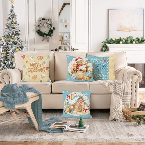Bonhause Christmas Gingerbread Man Throw Pillow Covers 18x18 Inch Bakery House Hot Cocoa Snowman Blue Brown Decorative Linen Cushion Covers for Winter Holiday Couch Sofa Decor Set of 4 - Image 3