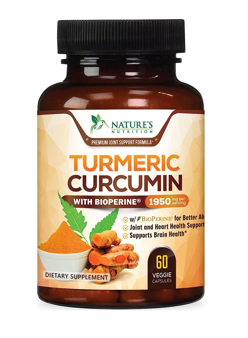Turmeric Curcumin 95% Curcuminoids Highest Potency 1950mg with Bioperine Black Pepper for Best Absorption, Made in USA, Best Vegan Joint Pain Relief Turmeric Pills by Natures Nutrition - 60 Capsules