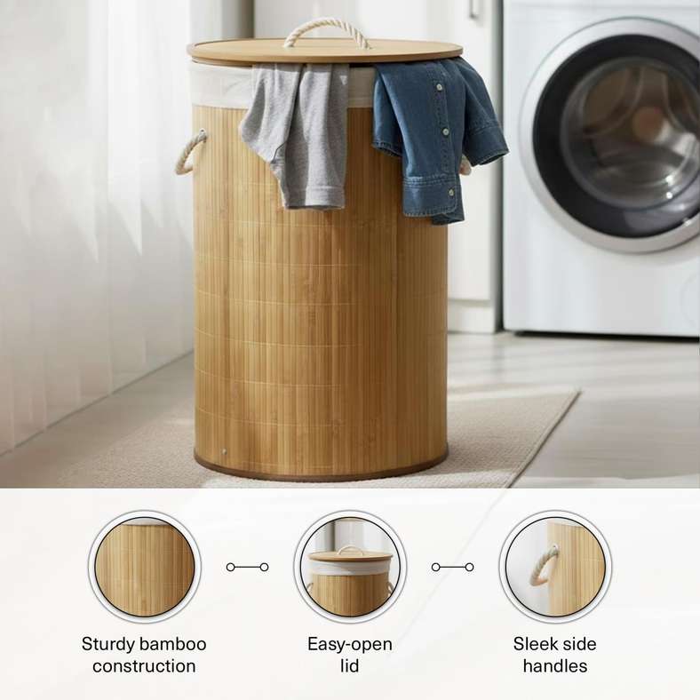 Pan Home Foldable Bamboo Round Laundry Hamper - Natural - Image 5