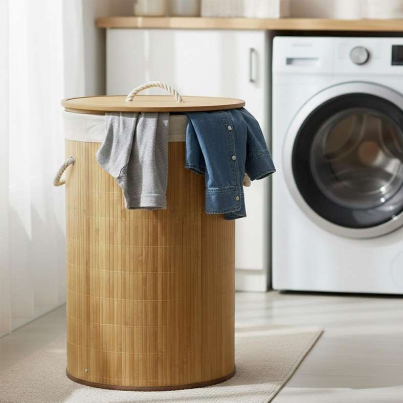 Pan Home Foldable Bamboo Round Laundry Hamper - Natural - Image 1