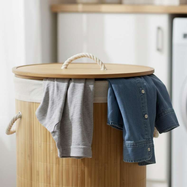 Pan Home Foldable Bamboo Round Laundry Hamper - Natural - Image 2