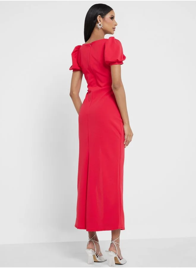 John Zack Puff Sleeve Side Slit Dress