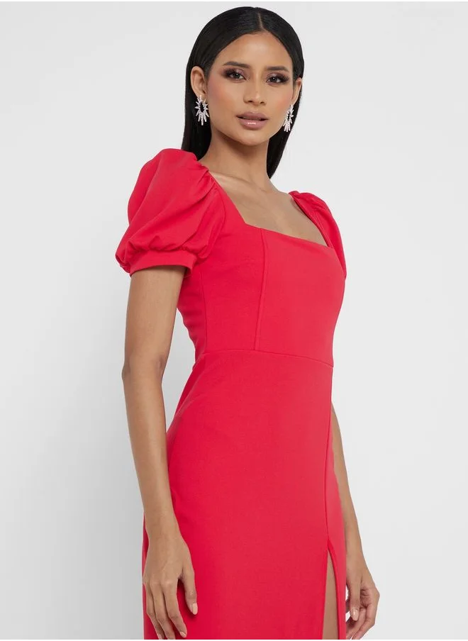 John Zack Puff Sleeve Side Slit Dress
