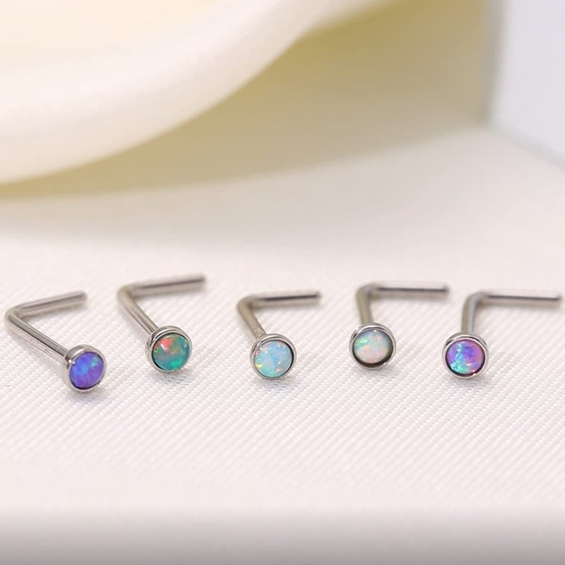 Lantine Nose Rings l Shaped Surgical Steel l Bend 20g 2mm Real Opal Nose Stud Set 1/4 inch - Image 5
