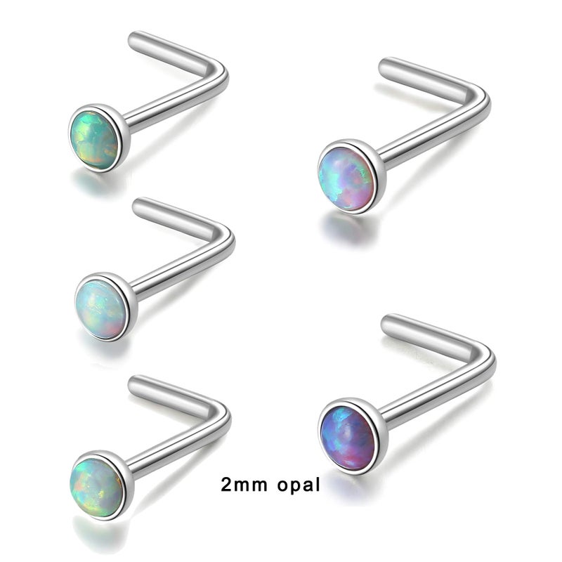 Lantine Nose Rings l Shaped Surgical Steel l Bend 20g 2mm Real Opal Nose Stud Set 1/4 inch - Image 3