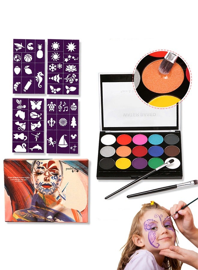 poetry shadow Face Painting Kit for Kids - 15 Color Large Water Based Makeup Paints with Stencils, 2 Brushes, Makeup Kit, Safe Professional Body & Face Paint Kit - Image 1