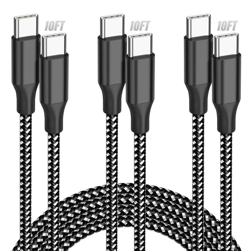 Bkayp USB C to USB C Cable, 3 Pack 10FT 60W Type C Nylon Braided Charger Cord Fast Charging for iPhone 17 16 15 Series iPad MacBook CarPlay and More (Black) - Image 1