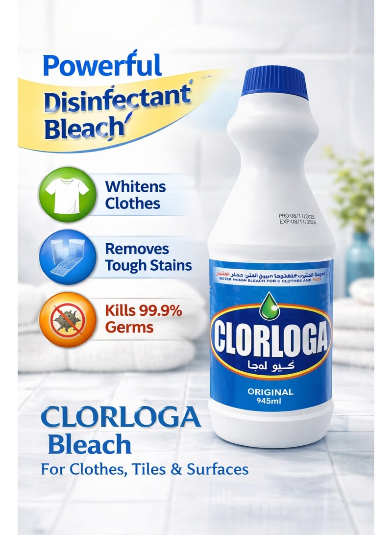 LOGA CLORLOGA Bleach 945ml – Multi-Purpose Disinfectant Bleach for Clothes, Tiles & Surfaces - Image 1