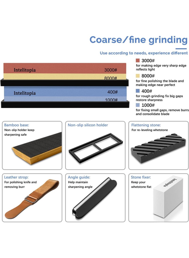 مجموعة حجر شحذ السكاكين 4 في 1 (400/1000/3000/8000 جريت) - مجموعة شحذ سكاكين المطبخ والخارجية مع الملحقات - Image 2