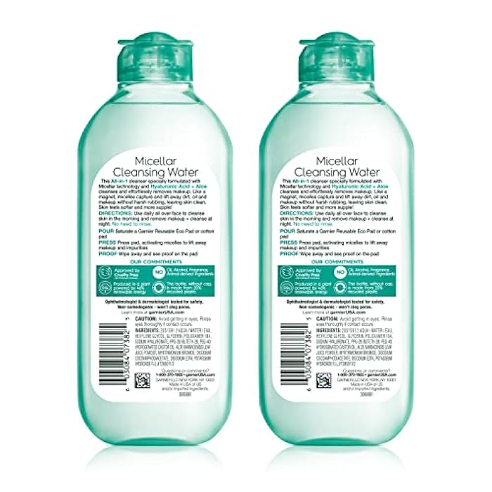 Garnier Micellar Water with Hyaluronic Acid, Facial Cleanser & Makeup Remover, Hydrating and Plumping, For All Skin Types, Vegan, Cruelty Free, 13.5 Fl Oz (400mL), 2 Count - Image 2