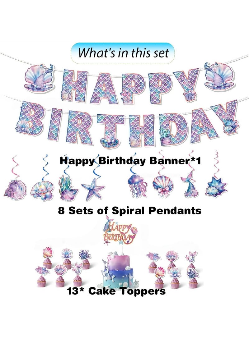 Bukela Mermaid-Themed Birthday Party Decorations, Sweet Happy Birthday Banner, Cute Shell & Sea Horse Hanging Swirls & Cake Toppers – Dreamy Party Supplies - Image 5