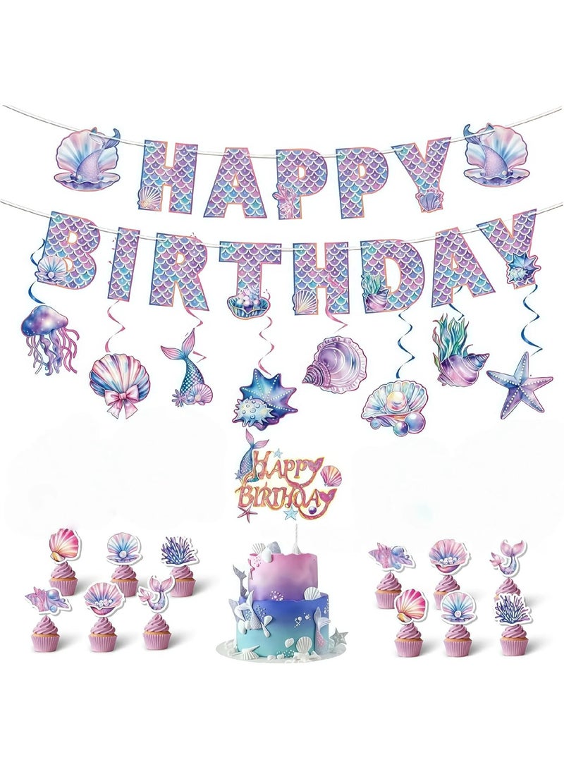 Bukela Mermaid-Themed Birthday Party Decorations, Sweet Happy Birthday Banner, Cute Shell & Sea Horse Hanging Swirls & Cake Toppers – Dreamy Party Supplies - Image 1