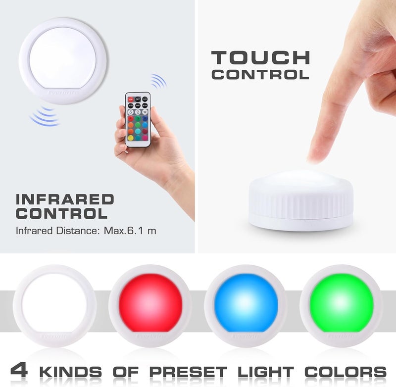 إيفربايت إضاءة لمسية من EverBrite، ضوء دفع، أضواء LED دائرية مع 12 لون RGB، ضوء لمسي لاسلكي تحت الخزانة، 80 لومن كإضاءة ليلية للخزانة، غرفة النوم، الجدار، الفصل الدراسي، تشمل 18 بطارية AAA، عبوة من 6 قطع - Image 2