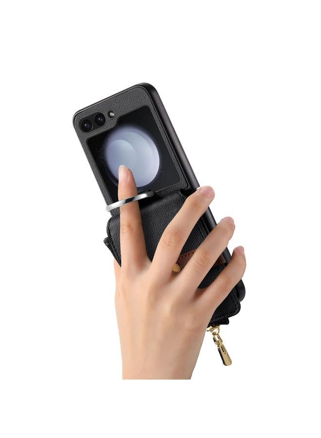 اس-توب جراب لهاتف Samsung Galaxy Z Flip5 5G، جراب هاتف جلدي بسحاب عمودي مع حلقة ومحفظة - Image 4