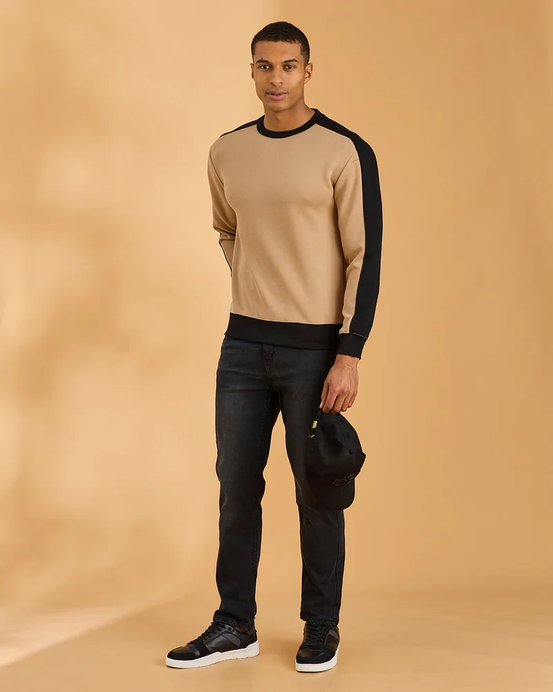 REDTAG Men Beige and Grey Embellished Crew Neck Sweatshirt