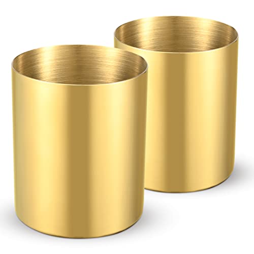 Bidponds 2 Packs Gold Round Stainless Steel Pen HolderPencil Cup Desktop Stationery OrganizerVacuum Plating Makeup Brush Holder - Image 1