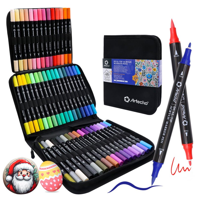 Artecho Acrylic Paint Markers 48 Colors with Bag, Acrylic Paint Pens with Brush Tip and Fine Tip for Stone, Rock Painting, Paper, Pumpkin, Wood, Egg, Canvas, Ceramic, Fabric, leather, Glass - Image 1