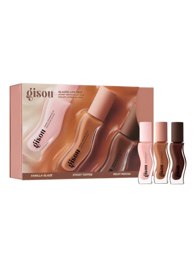 جيسو مجموعة "Glazed Lips Trio" من زيوت الشفاه المعززة بالعسل من Gisou (سعة 24 مل) – مجموعة زيوت مرطبة ومغذية للشفاه، تمنح لمعاناً فائقاً، وتتكون من 3 مستحضرات للعناية بالشفاه. - Image 1