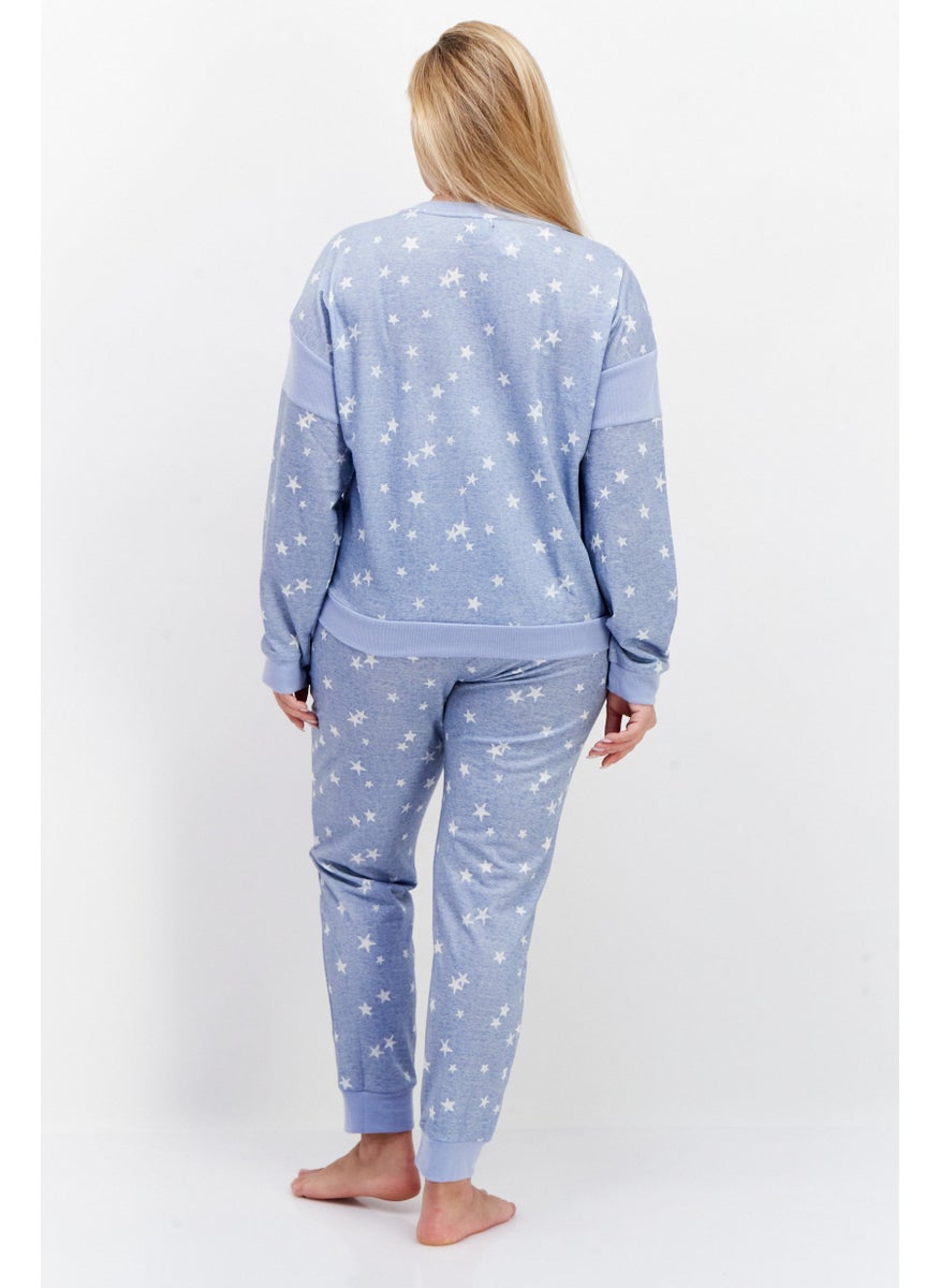 Splendid Women 2 Pieces Star Print Top And Bottom Pajama Set, Light Blue  - Image 3