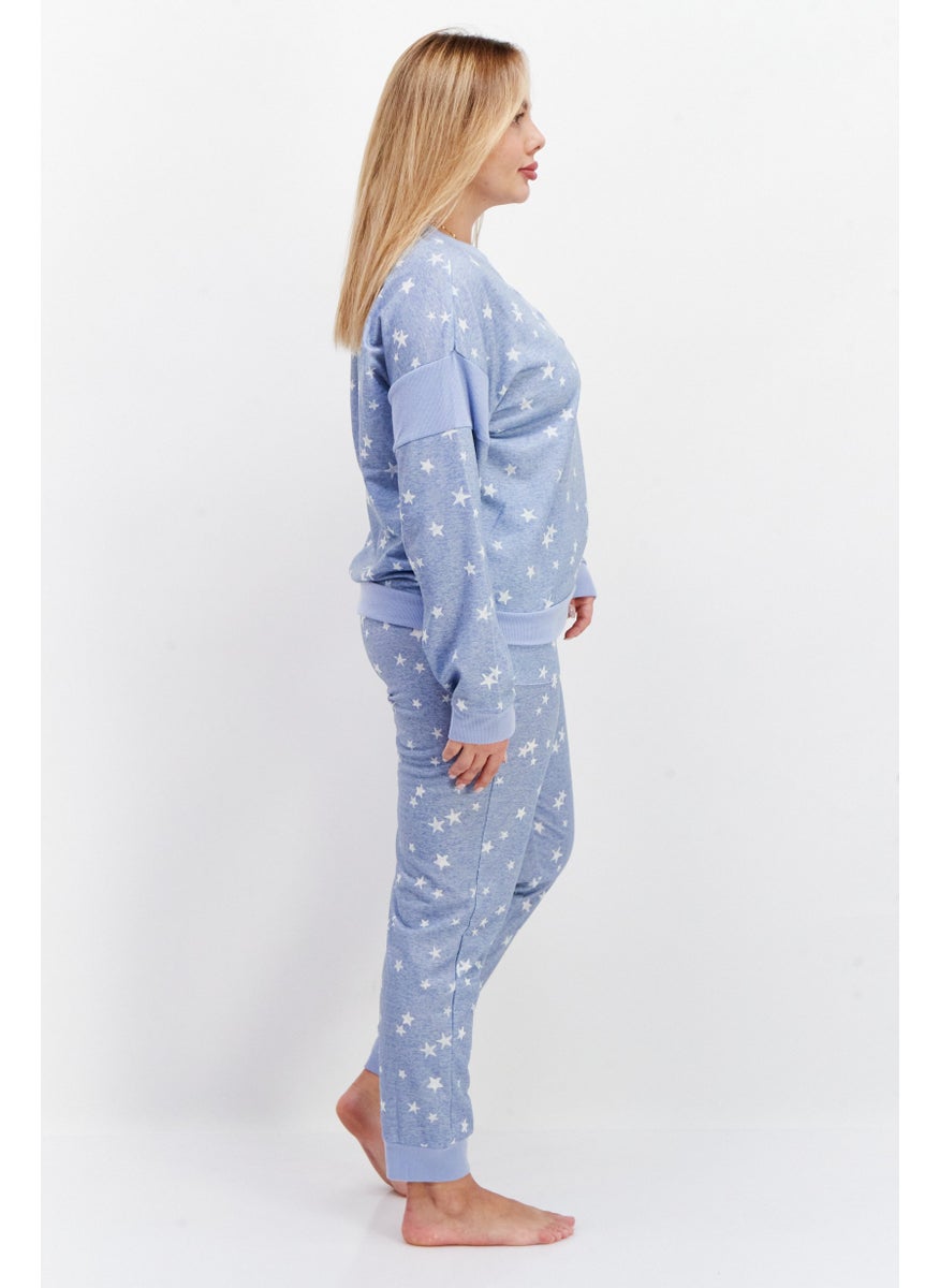 Splendid Women 2 Pieces Star Print Top And Bottom Pajama Set, Light Blue  - Image 4