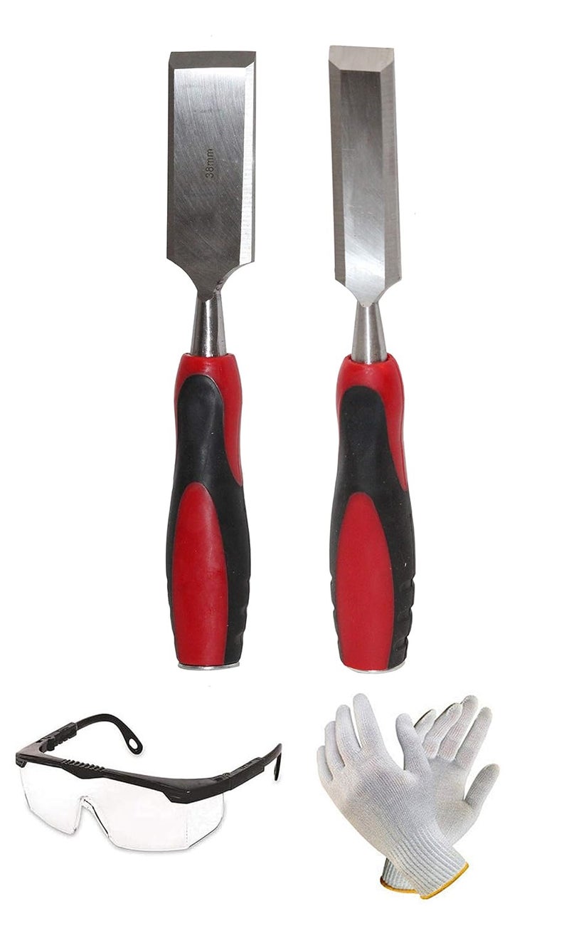 Digital Craft Digital Craft 2PCs High Carbon Steel Wood Carving Chisel Set Manganese Blades Chisel Kit for Woodworking Carving Size 25mm 38mm with Safety Goggle Mask Gloves 