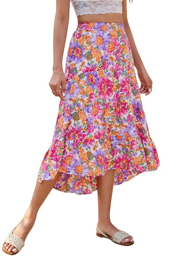SimpleFun Women's Long Skirts Boho Floral Elastic High Waist Asymmetrical Hem Midi Skirt, Floral3, XL - Image 1