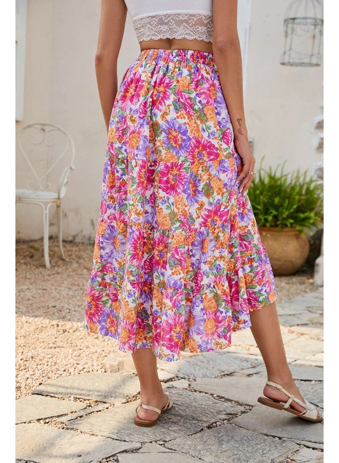 SimpleFun Women's Long Skirts Boho Floral Elastic High Waist Asymmetrical Hem Midi Skirt, Floral3, XL - Image 3