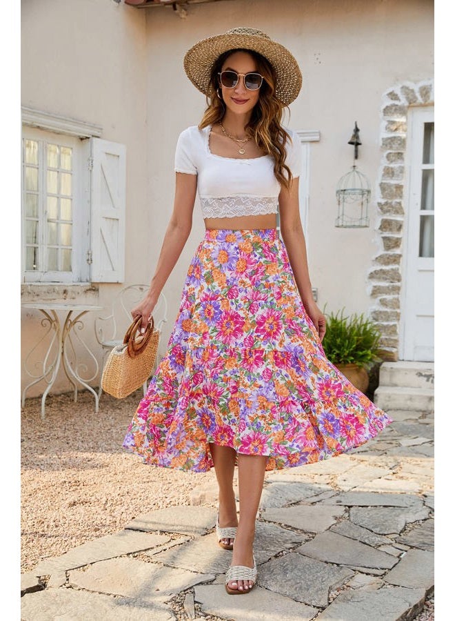 SimpleFun Women's Long Skirts Boho Floral Elastic High Waist Asymmetrical Hem Midi Skirt, Floral3, XL - Image 4