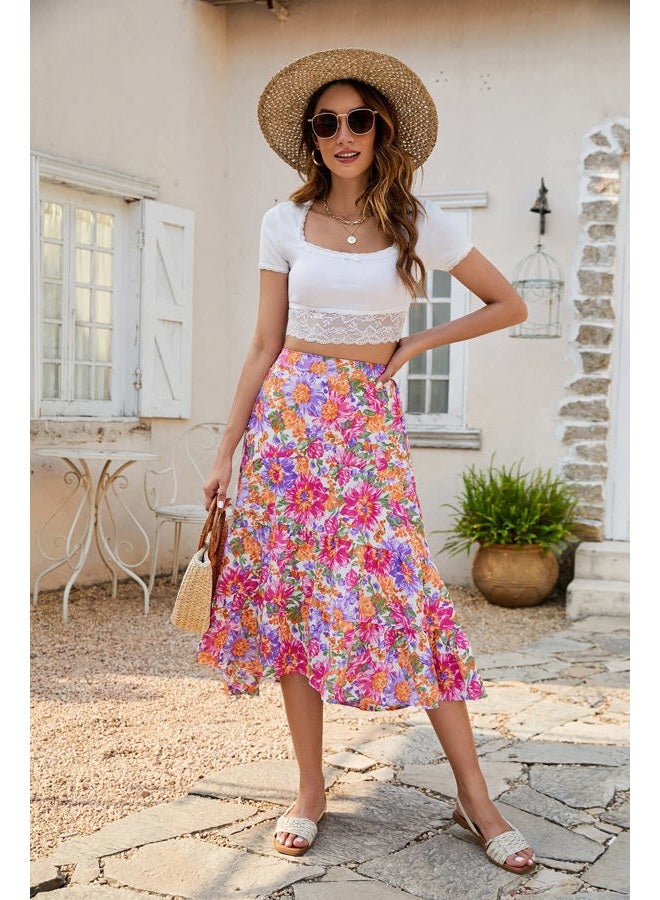 SimpleFun Women's Long Skirts Boho Floral Elastic High Waist Asymmetrical Hem Midi Skirt, Floral3, XL - Image 5