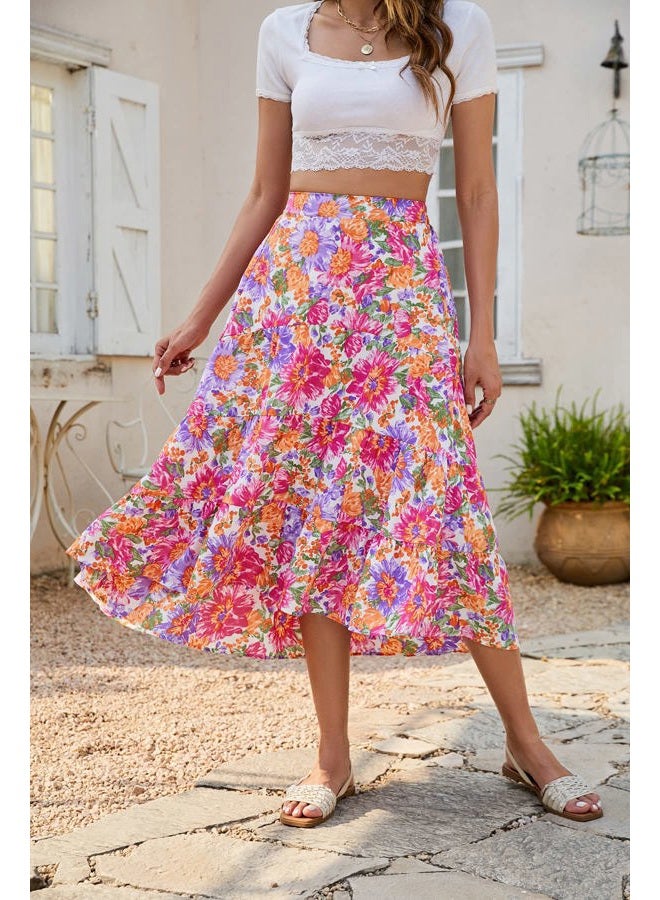 SimpleFun Women's Long Skirts Boho Floral Elastic High Waist Asymmetrical Hem Midi Skirt, Floral3, XL - Image 2