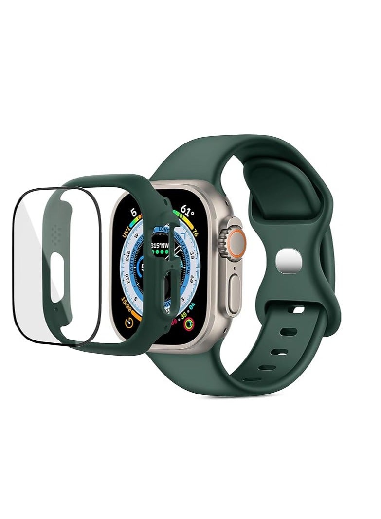 Band with Case For Apple Watch Ultra/Ultra 2 49mm,Adjustable Silicone Sport Wristband Replacement, Strap With Cover Built-in Glass Screen Protector for iWatch Ultra 49 mm Green. - Image 1