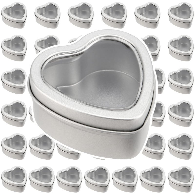 MOUYAT 40 PCS 2oz Heart Shaped Metal Tins with Clear Window Lids, Tinplate Empty Candy Tins Party Favors Storage Box Container for Gifts Treasures, Candle Making, DIY, Crafts, Silver - Image 1