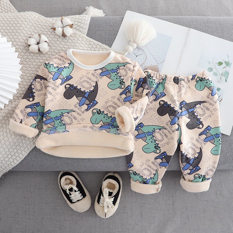 Children'S Warm Clothes Suit Fleece-Lined Thick Thermal Underwear For Boys And Girls Milk Silk Cartoon Split Autumn Clothes Autumn Trousers Pajamas - Image 5