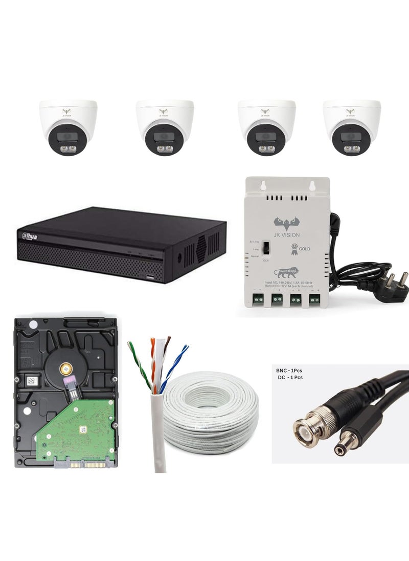 JK Vision JK Vision 24MP ColorVu CCTV Camera System for Home Office School 4 Dome 500 GB Hard Disk 4 Channel Power Supply DVR 90Mtr Cable BNCDC 