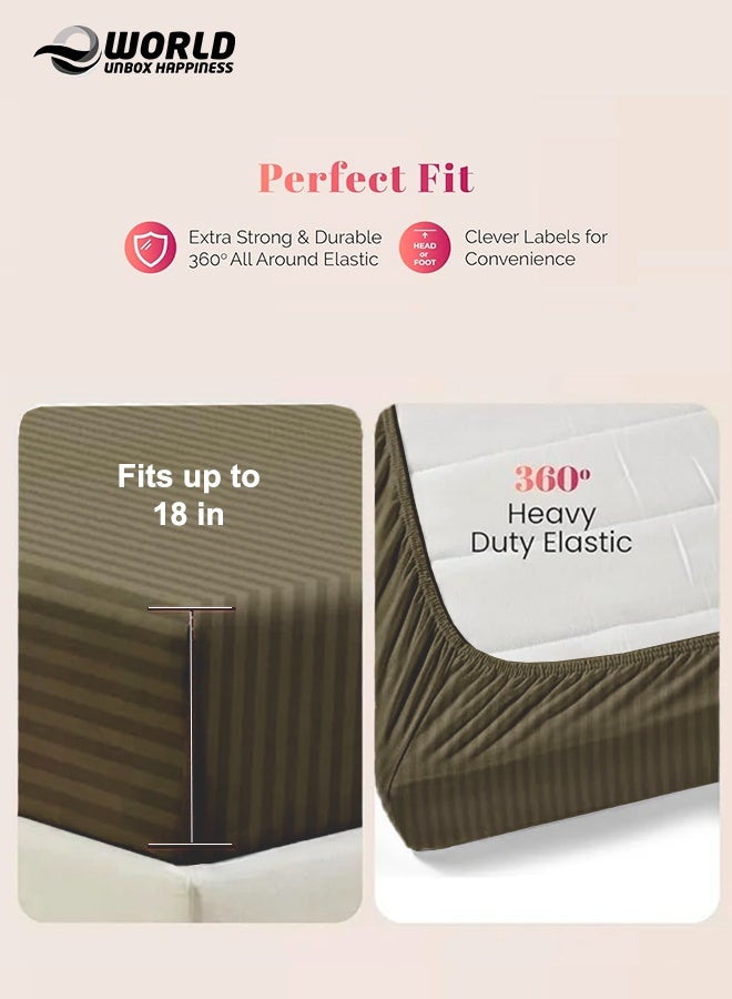 Eworld Olive Green Striped Microfiber Fitted Bedsheet with Deep Pocket for a Snug Fit, Breathable, Machine Washable for Optimal Protection, Available in King, Queen and Single Sizes, Without Pillow Cover - Image 3