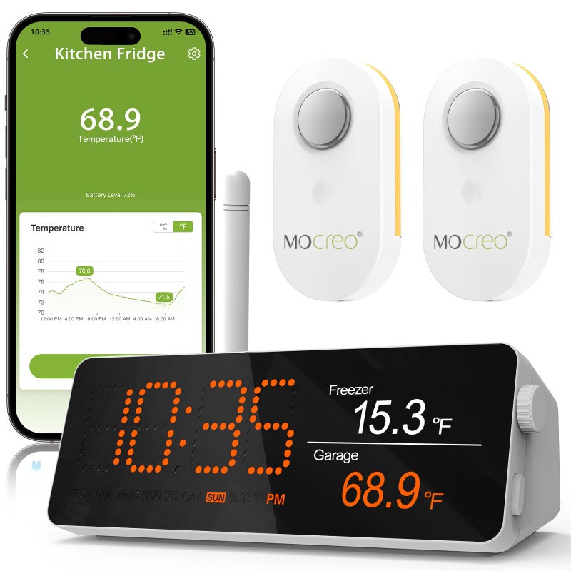 MOCREO WiFi Remote Thermometer Freezer Alarm, 1/3 Mile Long Range, IP66 Waterproof, App Email Alert, with Digital Monitor Hub, 2 Smart Wireless Temperature Sensors for Fridge, RV, Greenhouse - Image 1