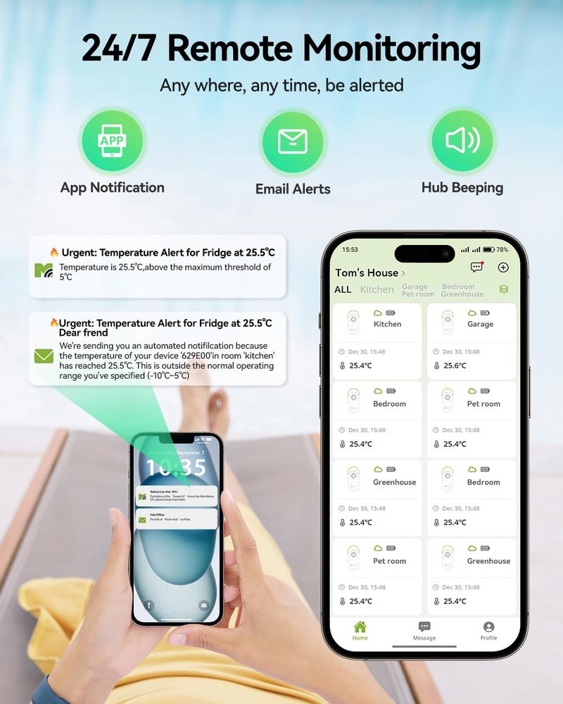 MOCREO WiFi Remote Thermometer Freezer Alarm, 1/3 Mile Long Range, IP66 Waterproof, App Email Alert, with Digital Monitor Hub, 2 Smart Wireless Temperature Sensors for Fridge, RV, Greenhouse - Image 4
