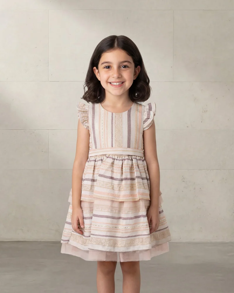 Redtag Girls Gold Striped Jacquard Double Layered Dress