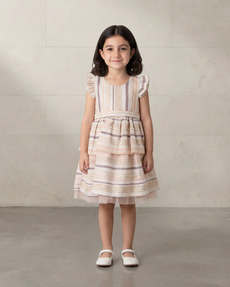 Redtag Girls Gold Striped Jacquard Double Layered Dress