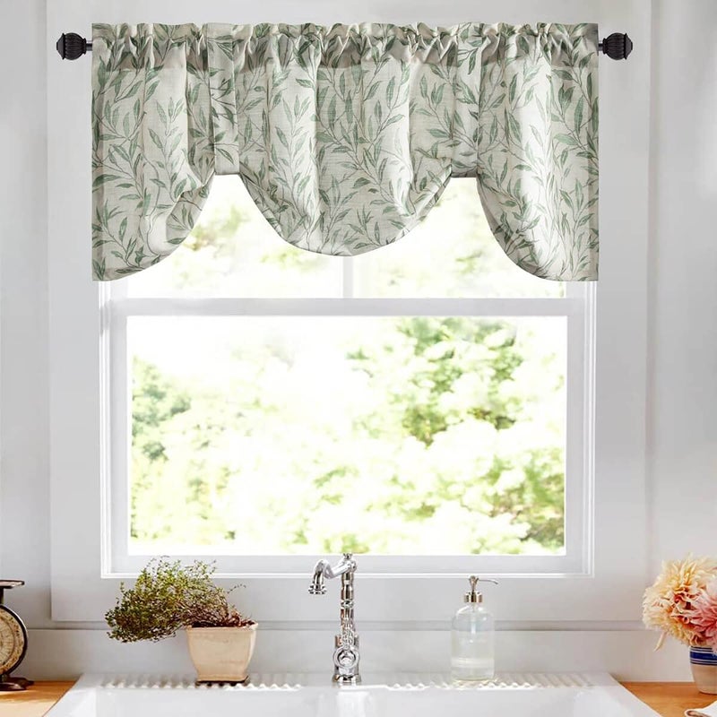 VOGOL Decorative Tie Up Curtains for Girls Room, Lovely Leaf Print Small Window Curtain Valance Top Pocket 18 Inch Long, One Panel, Green Leaves, Tie52x18 - Image 2