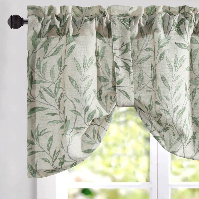 VOGOL Decorative Tie Up Curtains for Girls Room, Lovely Leaf Print Small Window Curtain Valance Top Pocket 18 Inch Long, One Panel, Green Leaves, Tie52x18 - Image 1