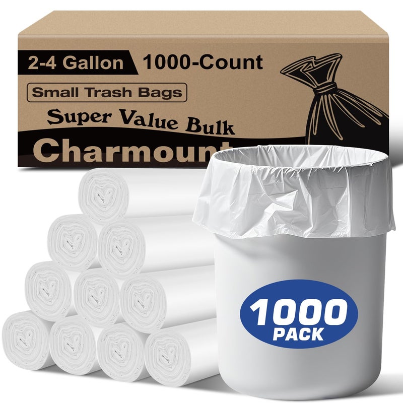 Charmount Small Trash Bags 2-4 Gallon 1000 Count, Unscented White Plastic Wastebasket Liners for Bathroom, Mini Garbage Can or Bin - Image 1