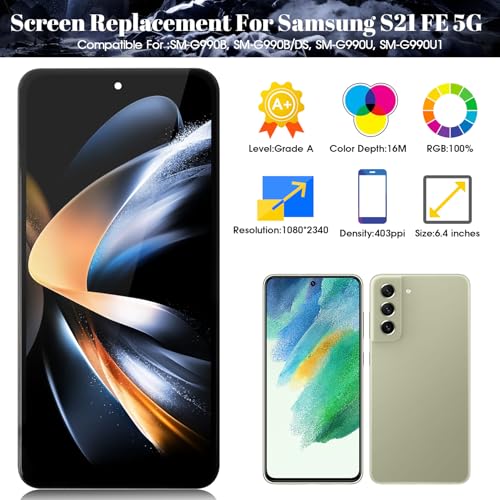 SRJTEK Incell for Samsung Galaxy S21 FE 5G LCD Screen for Samsung Galaxy S21 FE 5G SM-G990 Display Touch Digitizer Assembly Repair Parts Kits with Frame(Black) - Image 2
