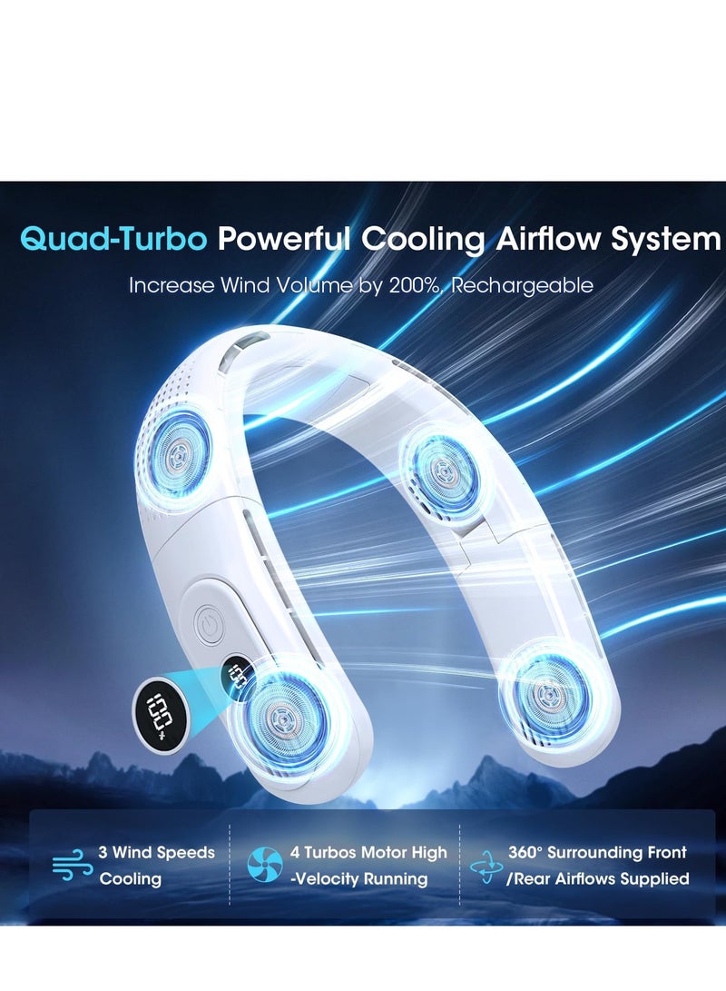 General Neck Fan,Rechargeable 4 Turbo 6000mAh Portable Neck Fan 360° Cooling Airflow 3 Speeds LED Battery Display Foldable Bladeless Neck Fan Personal Fan Gift for Work,Travel,Outdoor Activities White  - Image 2