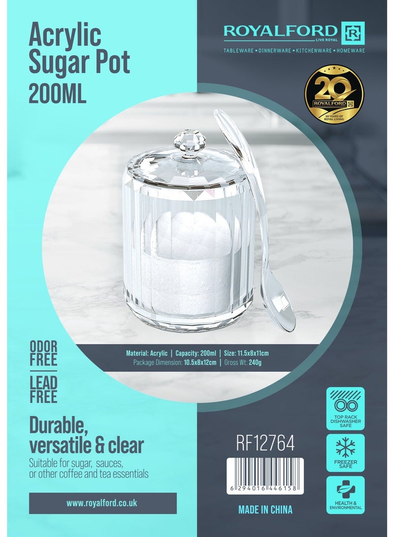 Royalford 200ml Acrylic Sugar Pot- RF12764/ with Spoon, Elegant and Sleek, Durable and Long-Lasting Construction/ Clear Lid clear 200ml - Image 4