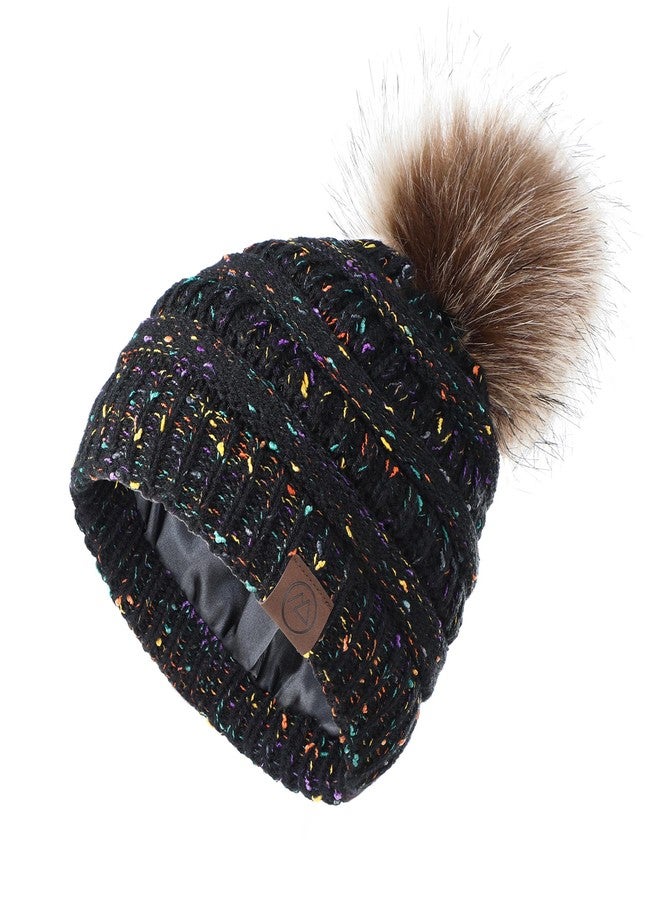 Zando Satin Lined Winter Hats for Women Beanies Women Satin Lined Beanie with Pom Pom Beanie Womens Winter Hats Warm Winter Hat Knit Beanie Hats for Women Womens Beanies for Winter Black Yarn Beanie - Image 1