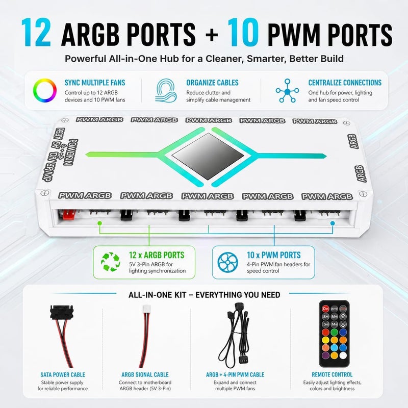 محور مروحة كمبيوتر مزود بـ 12 منفذ ARGB و 10 منافذ PWM، وحدة تحكم ARGB 5V 3-Pin وموزع مروحة PWM 12V 4-Pin مع جهاز تحكم عن بعد لاسلكي، مزود طاقة SATA، إكسسوارات كمبيوتر ألعاب تدعم مزامنة اللوحة الأم (أبيض) - Image 2